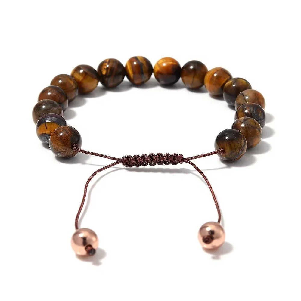 Yellow Tiger's Eye Beaded Adjustable Bracelet in 14K RG Over Copper